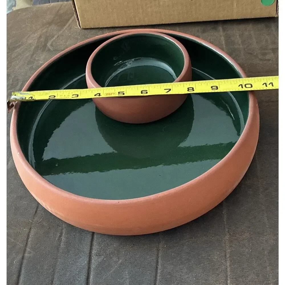 Bortner & Bortner Terra Cotta Unglazed Outside Green Glazed Chip Dip Bowl One Pc
